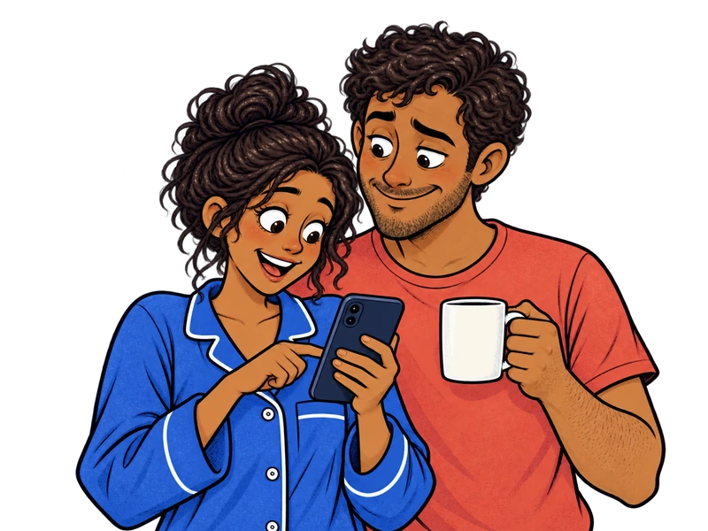 The same cartoon parents, now smiling as they check the visit record on a phone
