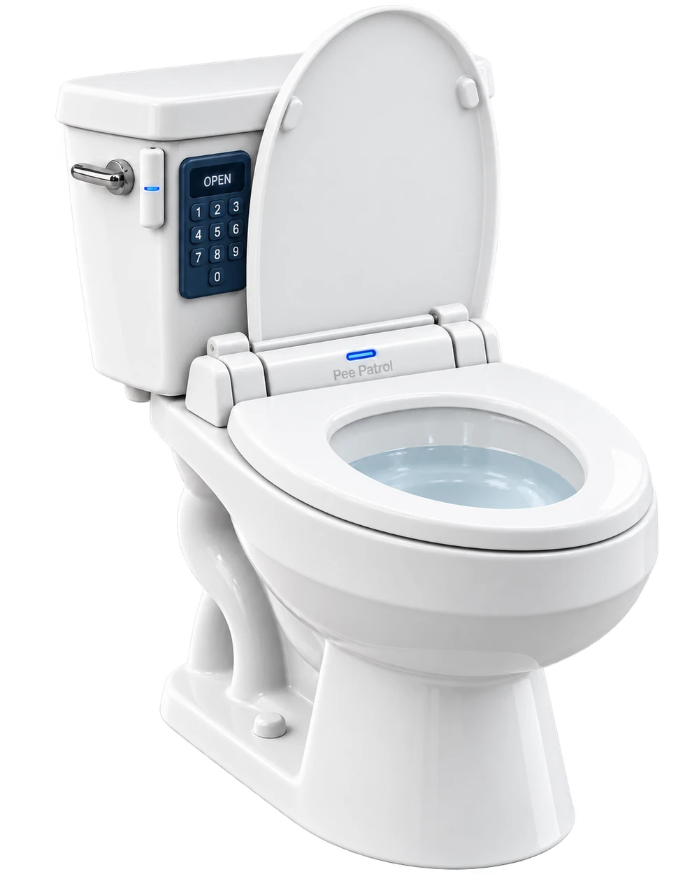 Pee Patrol toilet with the lid open and the manual seat lowered